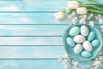 Obraz premium Pastel Easter eggs in a nest on light blue wooden planks. Spring flowers and tulips surround the nest