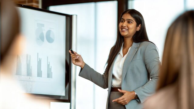 Indian Businesswoman Presenting with Confidence Beside Digital Monitor
