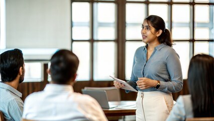 Indian Female Manager Conducting Workshop with Team in Conference Space
