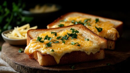 Two cheese toast slices on wooden board with parsley garnish food photography.