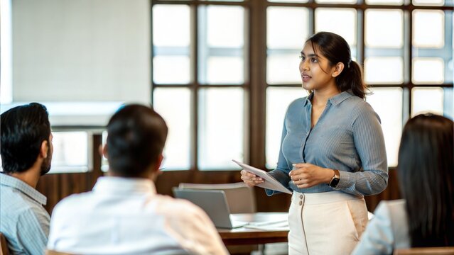 Indian Female Manager Conducting Workshop with Team in Conference Space
