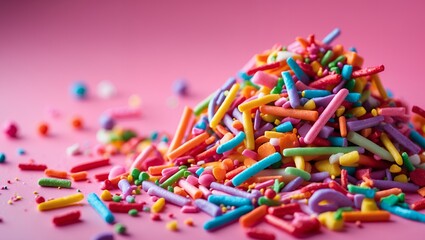 Colorful Rainbow Sprinkles Pile on Pink Background Sweet Treats Baking Decoration