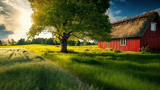 Idyllic sunset scene red barn, thatch roof, tree, field