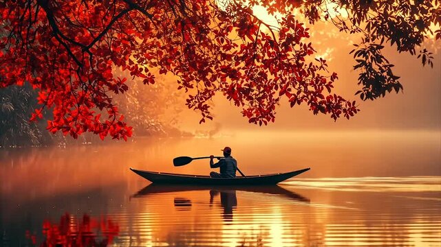 Serene sunrise, lone rower on misty water, autumn leaves overhead