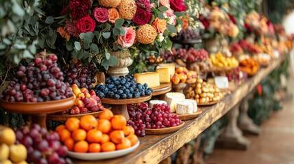 Table with fruits cheese and flowers arranged in a row for a party.