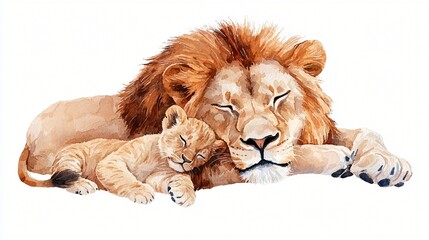 Obraz premium Peaceful watercolor lion resting with cub, warm earthy color blending, handmade texture and clean background layout with space around for balance