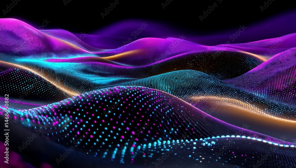 Poster futuristic data technology concept with glowing blue and purple dots on dark gradient wave pattern, 