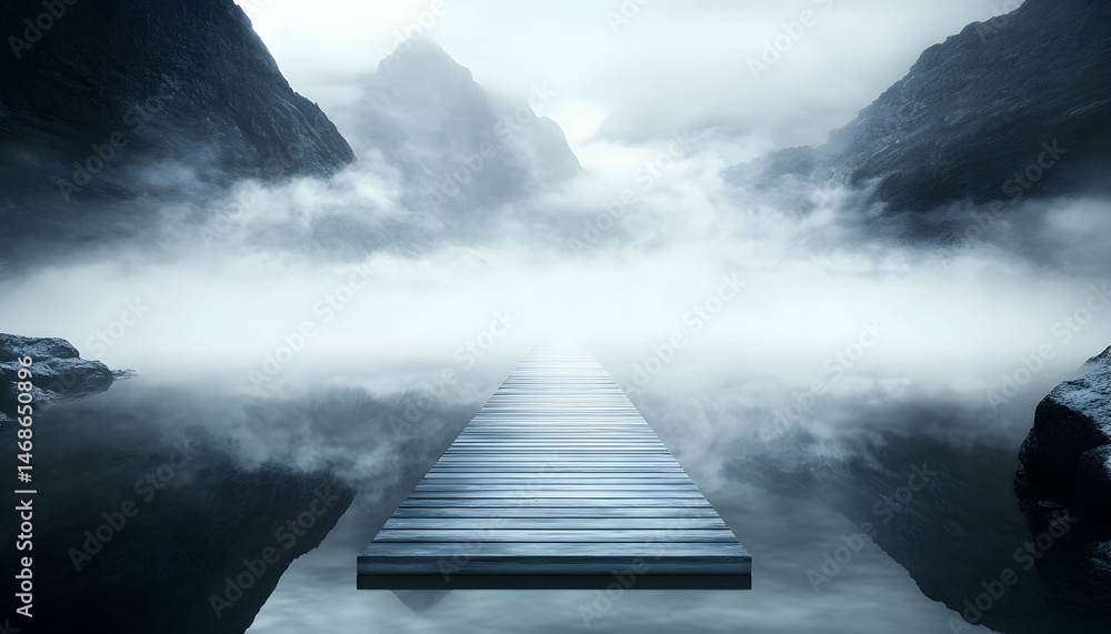 Poster serene misty mountain lake scene with a wooden dock extending towards the mountains, creating a tran