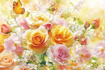 Beautiful bouquet of pastel roses and flowers
