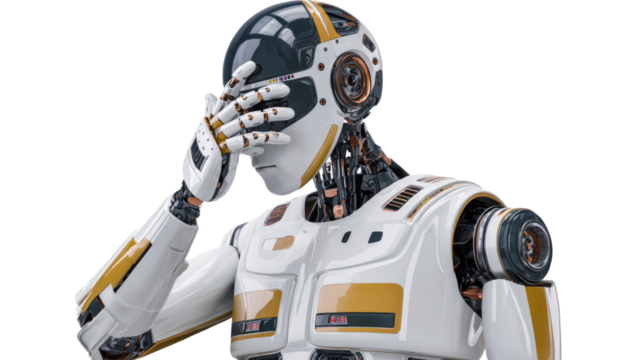 Futuristic Android Expression: A state-of-the-art android, meticulously crafted with gleaming metallic components, appears to express a moment of pensive thought. Its advanced design.