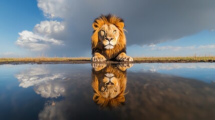 lion lying peacefully near waterhole with wide empty sky above, reflection in water visible, open grassland behind, quiet midday ambiance, relaxed body language
