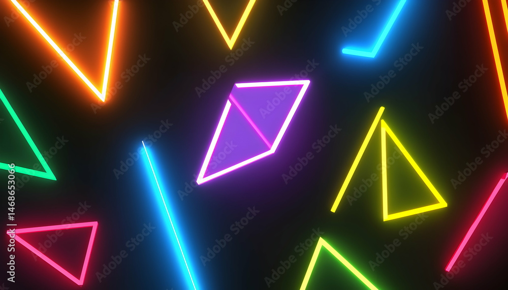 Poster vibrant neon shapes and triangles on a dark background, creating an energetic and modern abstract de
