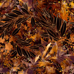 Dark fantasy leaves. Boho chic floral seamless pattern. Hand drawn endless motif in watercolour and digital. Mixed media botanical design for textile, fabric, packaging, decoupage, prints, souvenirs.