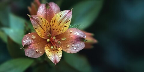Close-up view of a dewy flower with vibrant colors.