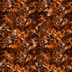 Dark fantasy leaves. Boho chic floral seamless pattern. Hand drawn endless motif in watercolour and digital. Mixed media botanical design for textile, fabric, packaging, decoupage, prints, souvenirs.