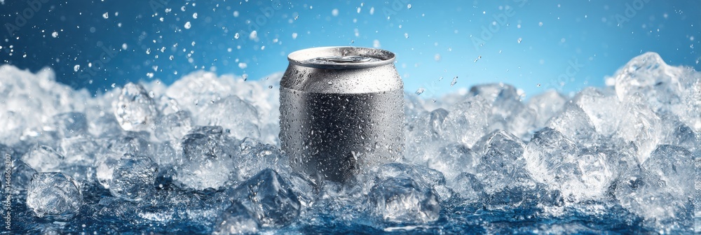 Poster refreshing canned drink surrounded by ice droplets in a clear icy environment generative ai