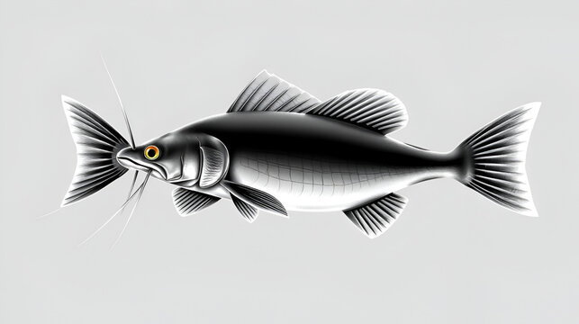Catfish or sheatfish isolated ray-finished fish monochrome icon. Vecto mekong giant catfish, Candiru toothpick fish with whiskers. Siluridae species, ray-finished catfishes Siluriformes or