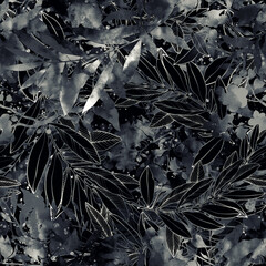 Dark fantasy leaves. Boho chic floral seamless pattern. Hand drawn endless motif in watercolour and digital. Mixed media botanical design for textile, fabric, packaging, decoupage, prints, souvenirs.