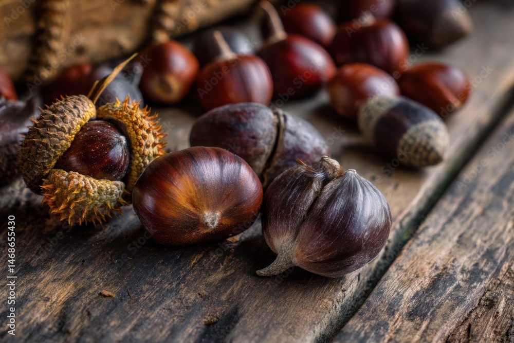 Poster fallen chestnuts and acorns scattered on a rustic wooden table in autumn generative ai