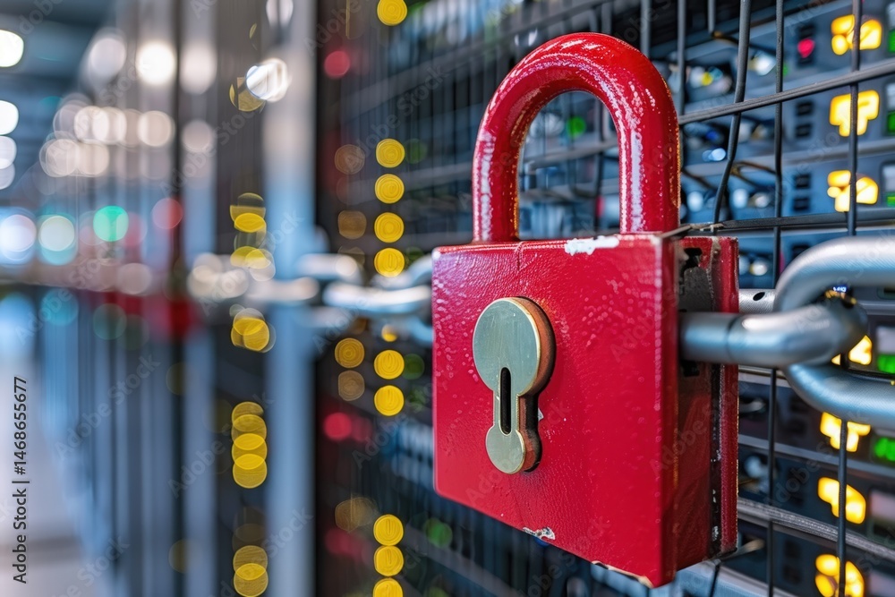 Poster a large red padlock secures a server cabinet, symbolizing data protection and cybersecurity in a mod