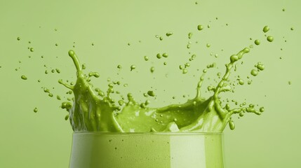 A vibrant green liquid splashes energetically from a glass against a matching green background.