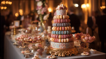 Elegant macaron tower, dessert table with mosaic pastries, joyous display of color and sweetness. pastries look so inviting
