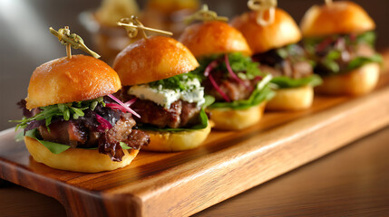 Mouthwatering shot of delicious mini burgers, lined up so perfectly that sight of them is likely to induce feelings of both hunger and joy