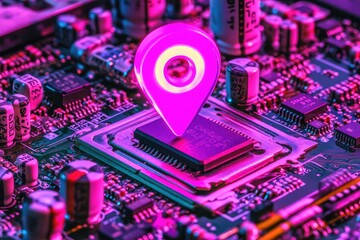 A glowing pink map pin sits atop a microchip on a circuit board