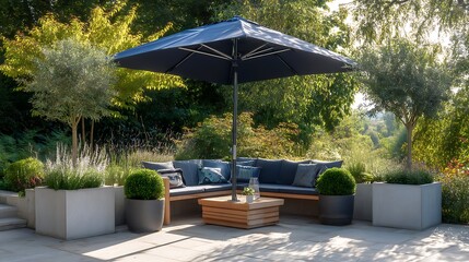 Modern outdoor seating area with umbrella and planters in a tranquil garden setting