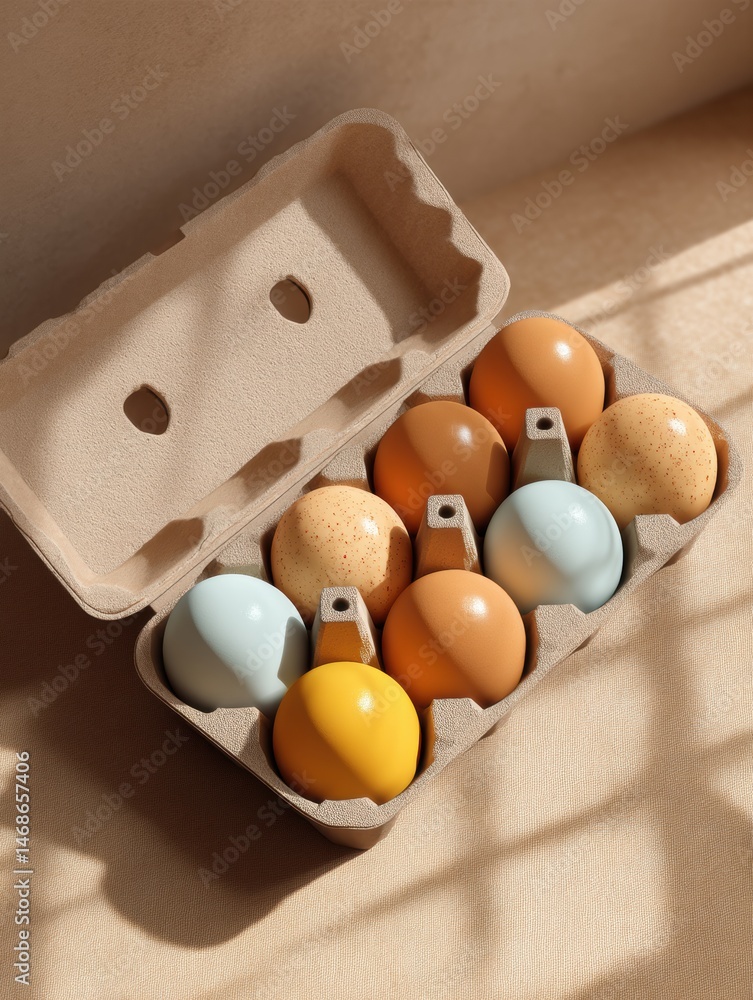 Poster floating 3d egg carton mockup with casting shadows highlighting unique egg designs for vibrant prese