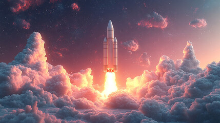 Fototapeta premium Rocket launching through clouds at sunset in space