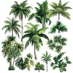Palm trees and plants illustration on a white background