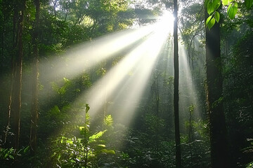 Fototapeta premium Sunbeams Streaming Through Lush Green Forest