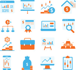 Stock Market illustration set. Includes of finance, investment, trading, market, stock, share, chart, and More. Vector flat color collection