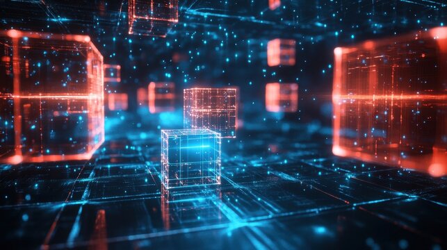 Abstract technology background with glowing cubes and digital circuit patterns. Concept for data, network, communication, and future.