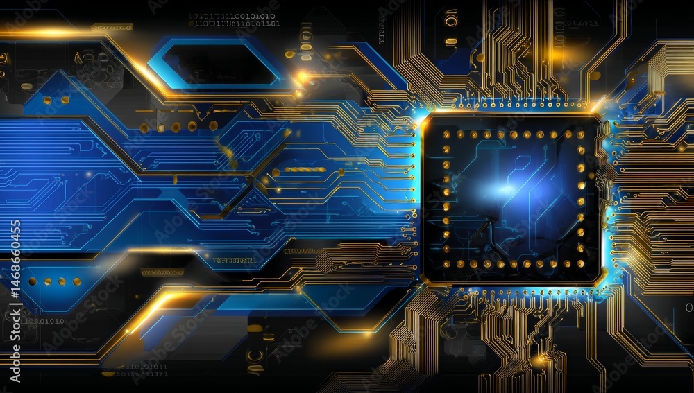 Poster digital technology background with glowing circuit board and data flow