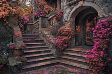 Elegant stone steps adorned with vibrant pink flowers