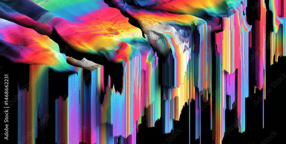 Poster holographic rainbow glitch pattern in digital minimalist style with vertical lines