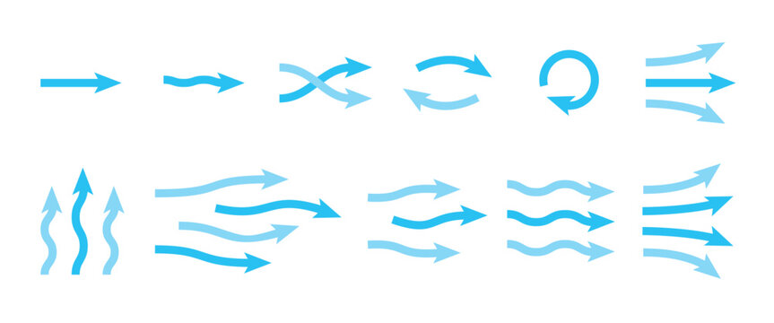 Vector Set of Blue Air Flow and Wind Direction Arrows for Ventilation and Motion Design