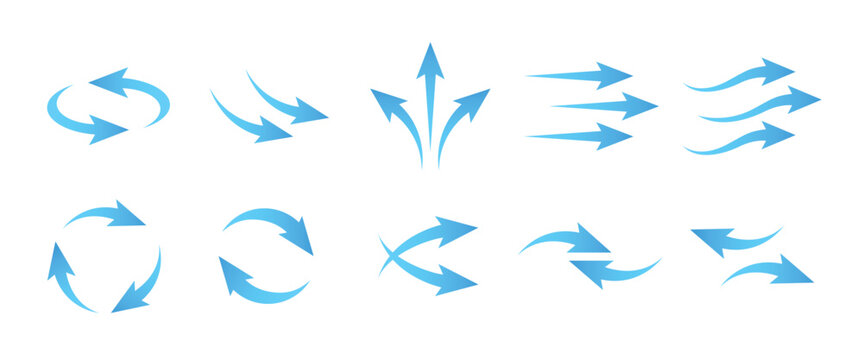 Vector Arrows Set Showing Wind Flow, Air Circulation, and Motion Direction in Blue Gradient
