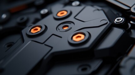 Fototapeta premium Close-up of a futuristic black and orange mechanical or electronic component with intricate details.