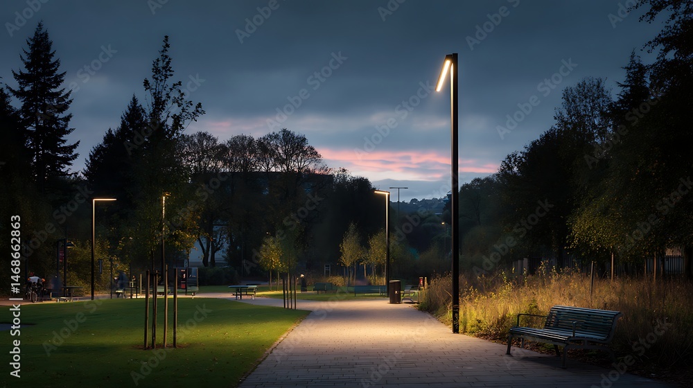 Aufkleber modern urban led lighting pole illuminating a park at dusk in an environmentally friendly setting