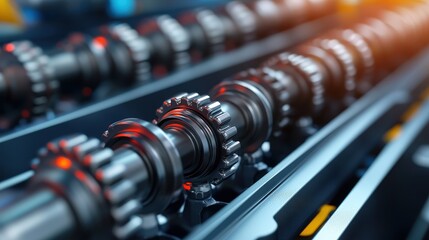Fototapeta premium Close-up view of metal gears and shafts in a modern industrial machine, highlighting precision engineering and manufacturing technology.