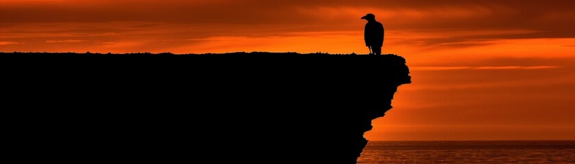 Naklejka premium A solitary bird perches on the edge of a cliff, silhouetted against a vivid orange sunset sky and calm sea.