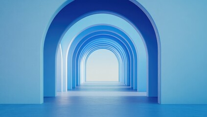Serene blue archway corridor leading to light