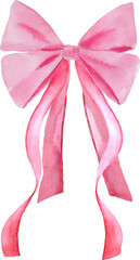 Watercolor vintage pink ribbon bow. Valentines day illustration