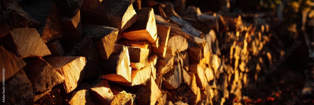 Poster sunlit firewood stack casting long shadows in the evening light with golden hues generative ai