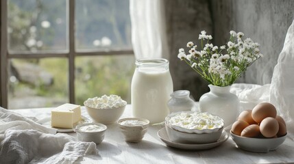 Dairy and eggs arranged on a table, sunlight, rustic style