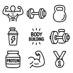 A set of doodle line icons showcasing bodybuilding and gym-related elements like weights, muscles, supplements, and trophies