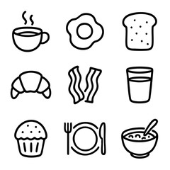 Fototapeta premium A set of doodle line icons illustrating classic breakfast foods and drinks like coffee, eggs, toast, and cereal for menu or design